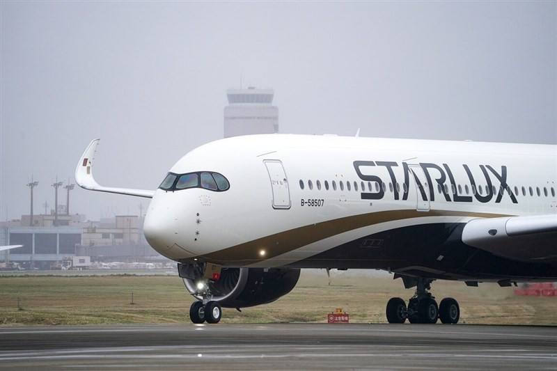 The Airbus A350-900, piloted by Starlux Airlines Chairman Chang Kuo-wei, lands at Taoyuan International Airport on Friday. Photo courtesy of Starlux Dec. 13, 2024