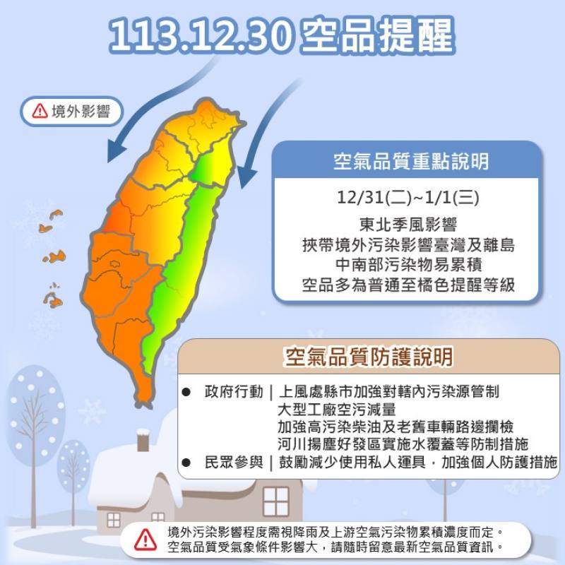 東北季風增強挾帶境外污染物移入 留意空氣品質變化