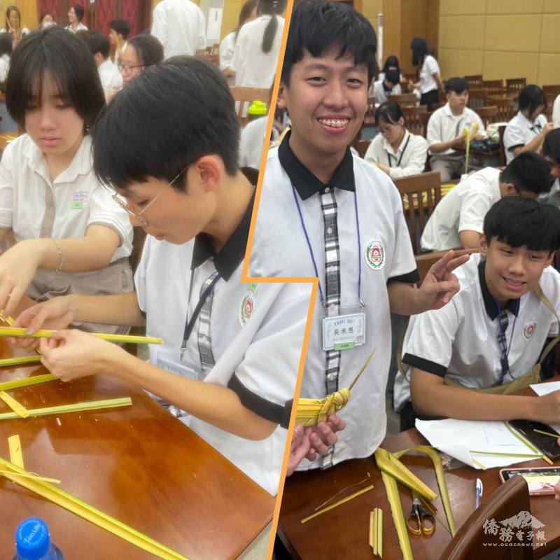兩校學生共同參與越南傳統草編裝飾小物，展現團隊合作精神