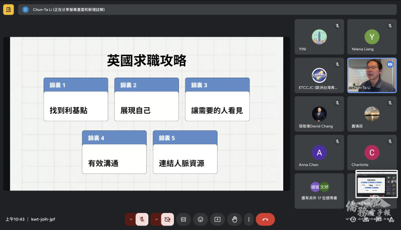李俊達分享在前往英國前如何寫履歷、找工作，如何在得到面試機會之後準備自己。