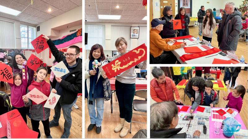 民眾們參加揮毫活動，開心展示春聯