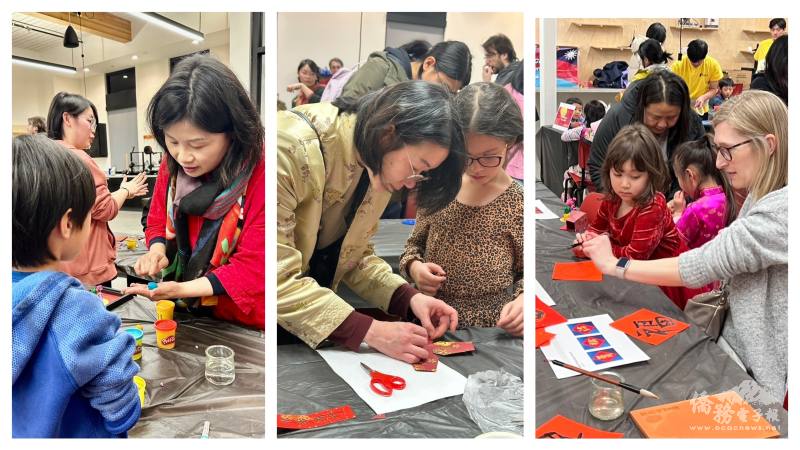 現場攤位教導參與的民眾捏麵人、做天燈、寫春聯