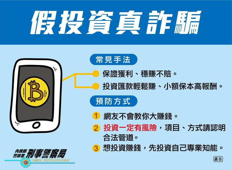 過年期間投資及網購應注意「慎選投資管道」、「小心投資詐騙話術」、「慎選網購平臺」、「避免購買價差大商品」及「勿與買家交易及慎選付款方式」等5個防詐小撇步，遇有任何可疑狀況請勿慌張，立即撥打110或165反詐騙諮詢專線主動求證。(警政署提供)