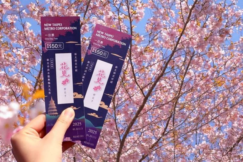 新北捷運公司推出限量「櫻花輕軌一日票」，單日可無限次搭乘淡海輕軌或安坑輕軌，1月22日起開賣到2月2日為止，售價新台幣50元，每人限購5張。（新北捷運公司提供）