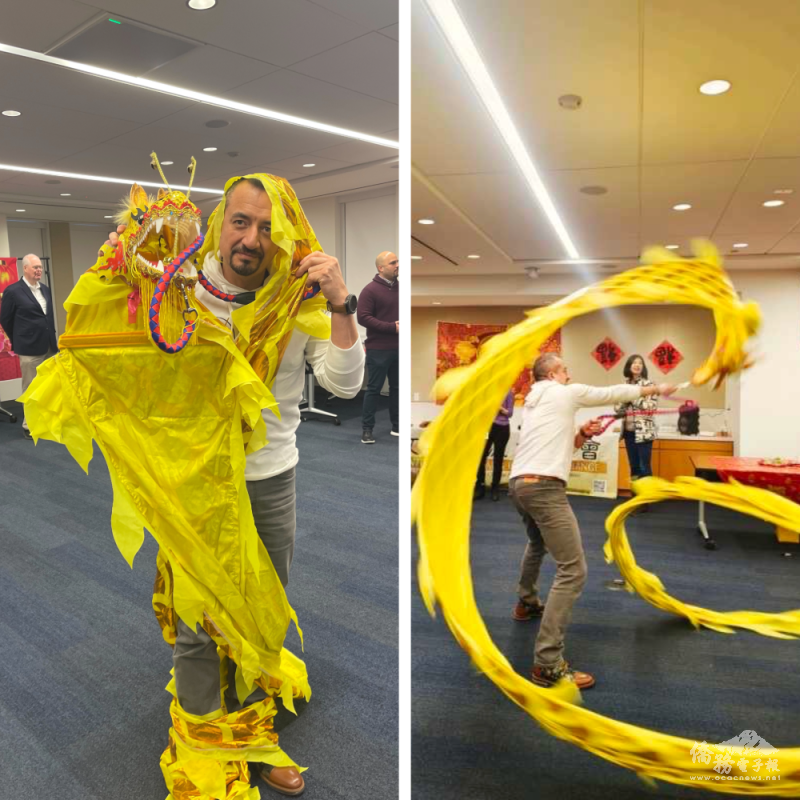 彩帶龍纏繞住舞者，引來現場陣陣笑聲 (左) 舞者最終成功完成表演，贏得陣陣掌聲 (右)