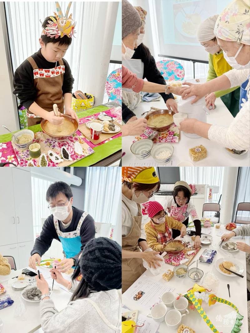 陳洳豔與彭老師合作教學，共同示範擂茶與粢粑製作