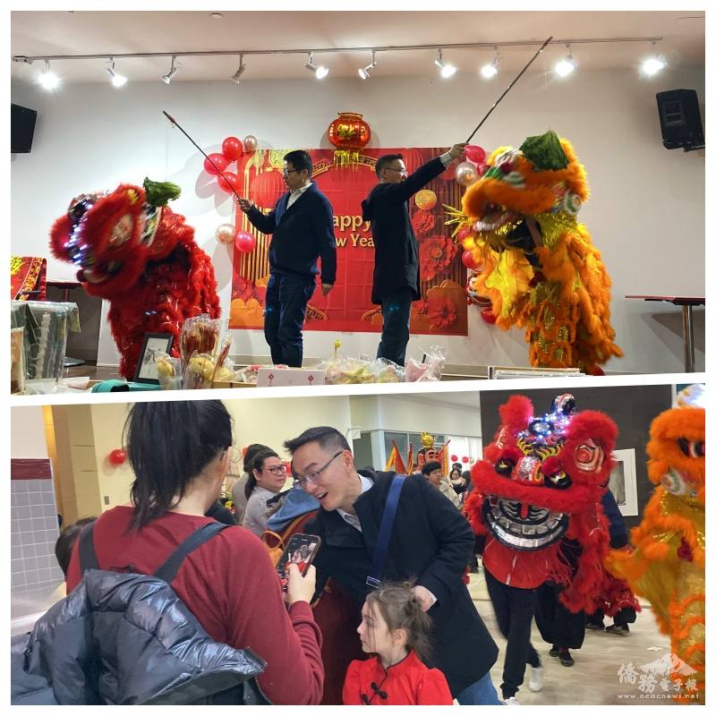 藍柏青（上圖左）及駐多倫多辦事處組長廖政豪（上圖右）在開幕舞獅活動中採青，也率領舞獅隊為每一位參與活動的年輕人創業家打氣，送上滿載了祝福的總統府1元小紅包