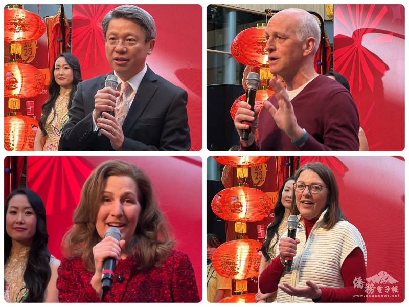 左上起；駐西雅圖辦事處處長甄國清、美國聯邦眾議員Adam Smith、Suzan DelBene、Kim Schrier致詞