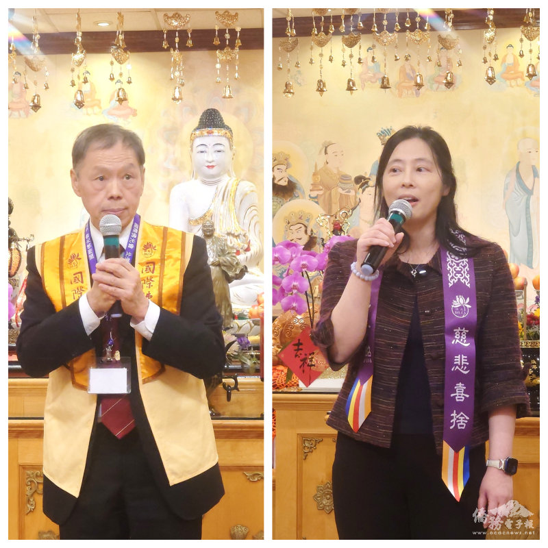 國際佛光會滿地可協會會長管曉邨〈左〉和駐蒙特婁辦事處處長陳珮瑩〈右〉致詞
