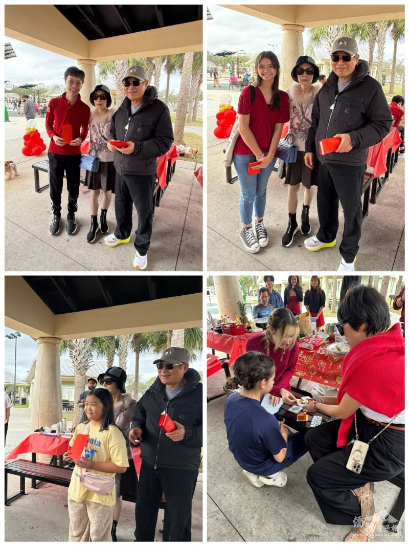 爺爺奶奶發紅包，小朋友認真拜年，闖關成功也可得到僑委會提供的福沙阿熊紋身貼紙