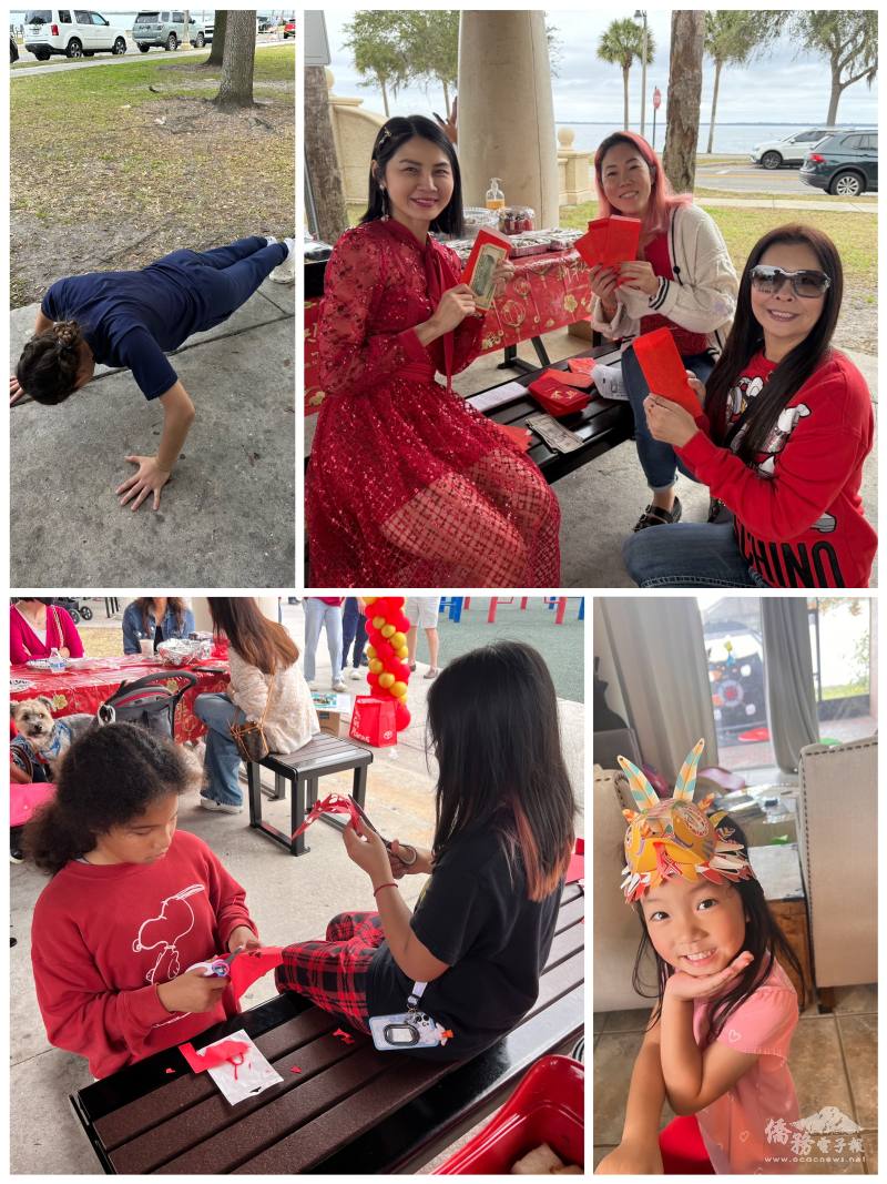 （右上圖）李麗玲與姊妹會成員一起準備紅包。臺灣之子手作運動皆在行，「頭目蛇」燈籠及頭飾架勢十足