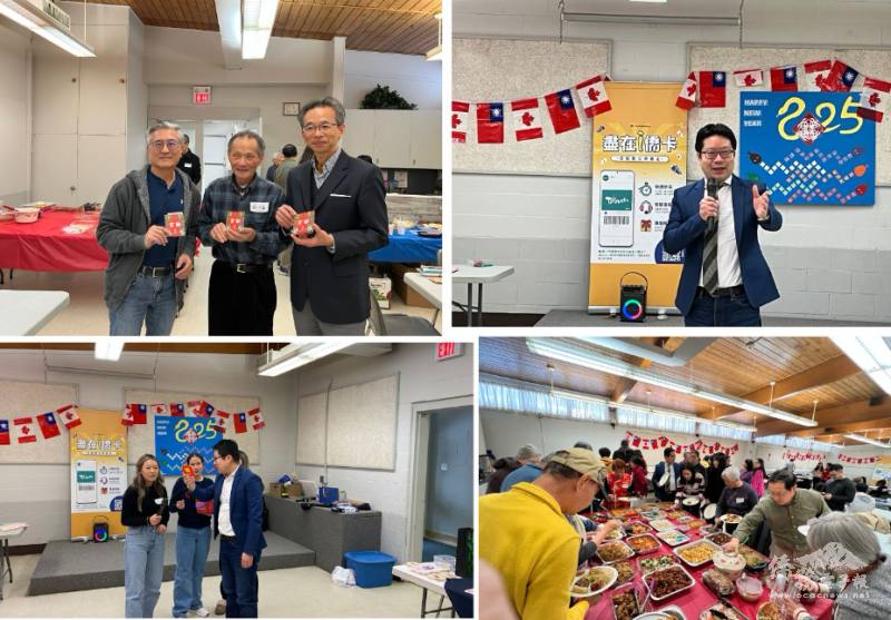 梁毅鵬贈送總統府乙巳年小紅包予安省倫敦臺灣同鄉會前會長石松桓及蘇必益；藍柏青宣導i僑卡及海外青年英語服務營學員招募