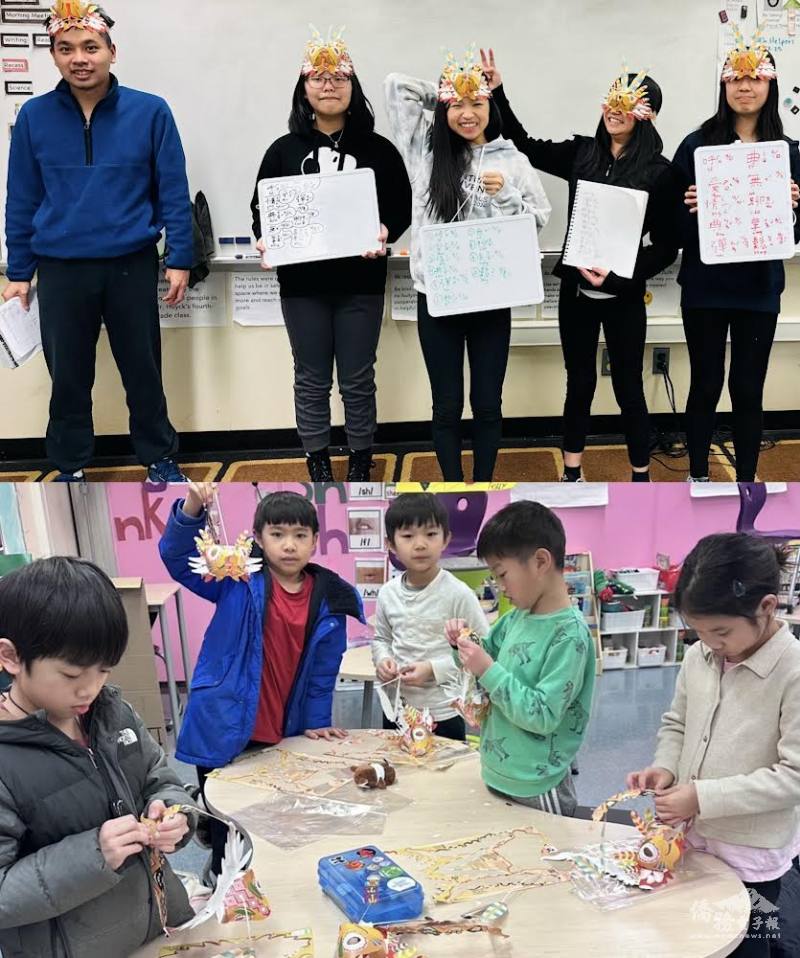 (上) 六、七年級班做完頭目蛇紙燈籠之後合影 (下) 三年級班上課摺蛇年紙燈籠情景