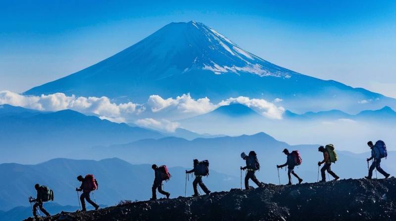 旅行業者指出，台灣旅客對日本的熱愛不減，研判114年旅客人次有機會超越113年。圖為富士山登山團。（雄獅旅遊提供）