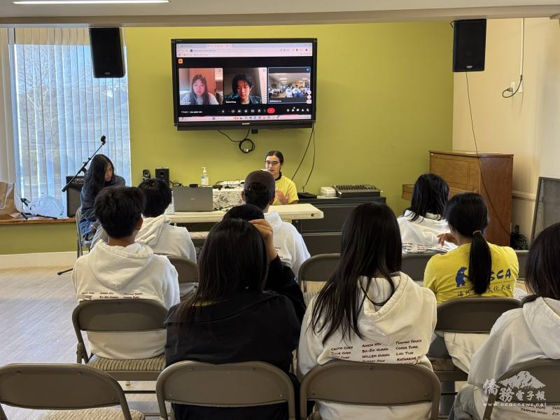 FASCA-SD Seniors Ellie Chen (left), Cassandra Vosovic (right),  guest speakers Richard Tseng  (screen middle) and Grace Tseng (screen left) sharing their invaluable insights into the college application process and campus life.