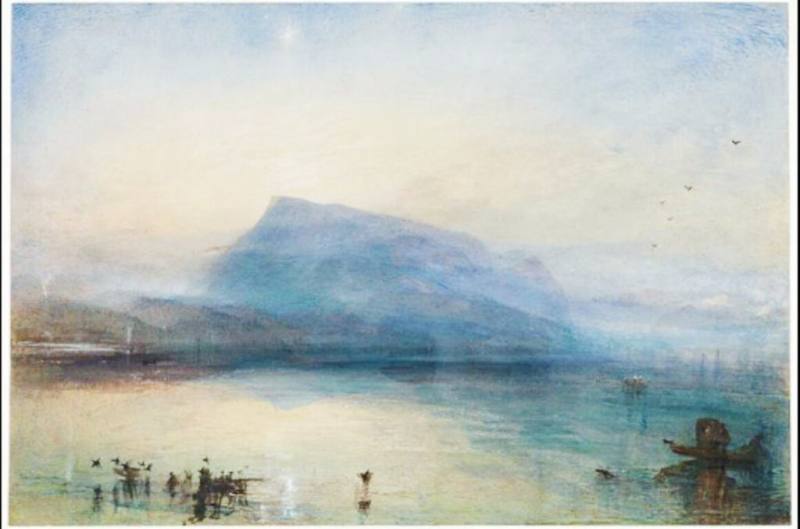 「威廉．透納特展：崇高的迴響」展將在6月登台展出，其中亮點展品「藍色瑞吉山之日出」（The Blue Rigi， Sunrise）在巡展結束後，將會回到英國泰德美術館封存10年。（英國泰德美術館提供）