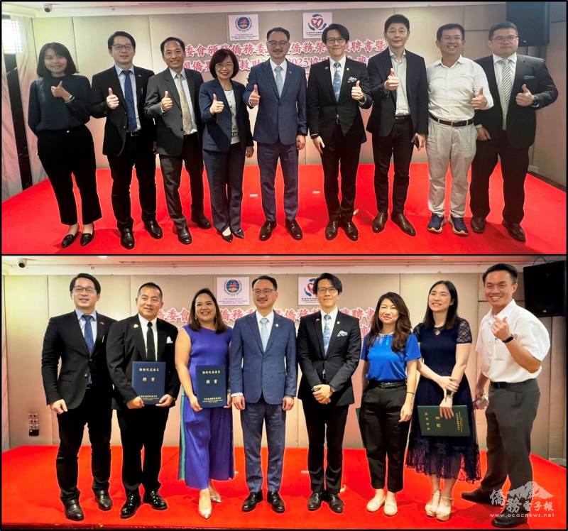 (上圖)阮昭雄、董思齊與郭修敏及駐泰國代表處官員們合影；(下圖)與臺灣青商會幹部合影