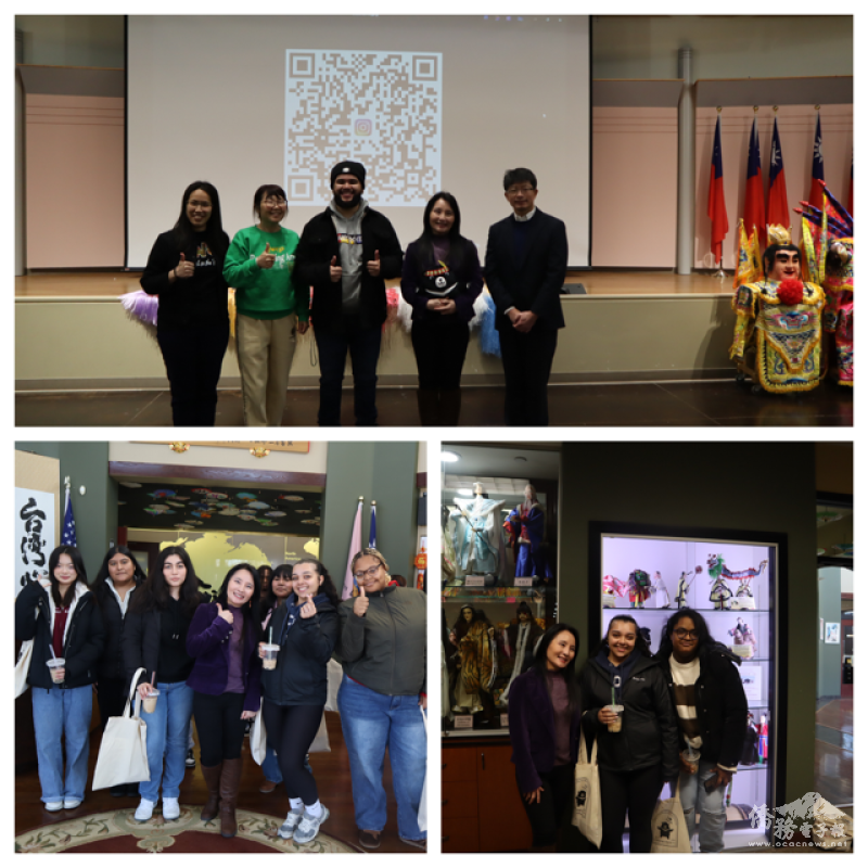 賴妍伊與該校2位高中老師、陳虹文、蔡季穎合影並鼓勵學生追蹤僑委會IG(上圖)；學生們參觀中心文化走廊(下圖左、右)