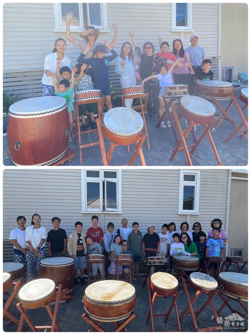 兩場次的太鼓體驗；駐奧克蘭辦事處處長陳詠韶、指導老師陳孝盈與參與學員合影