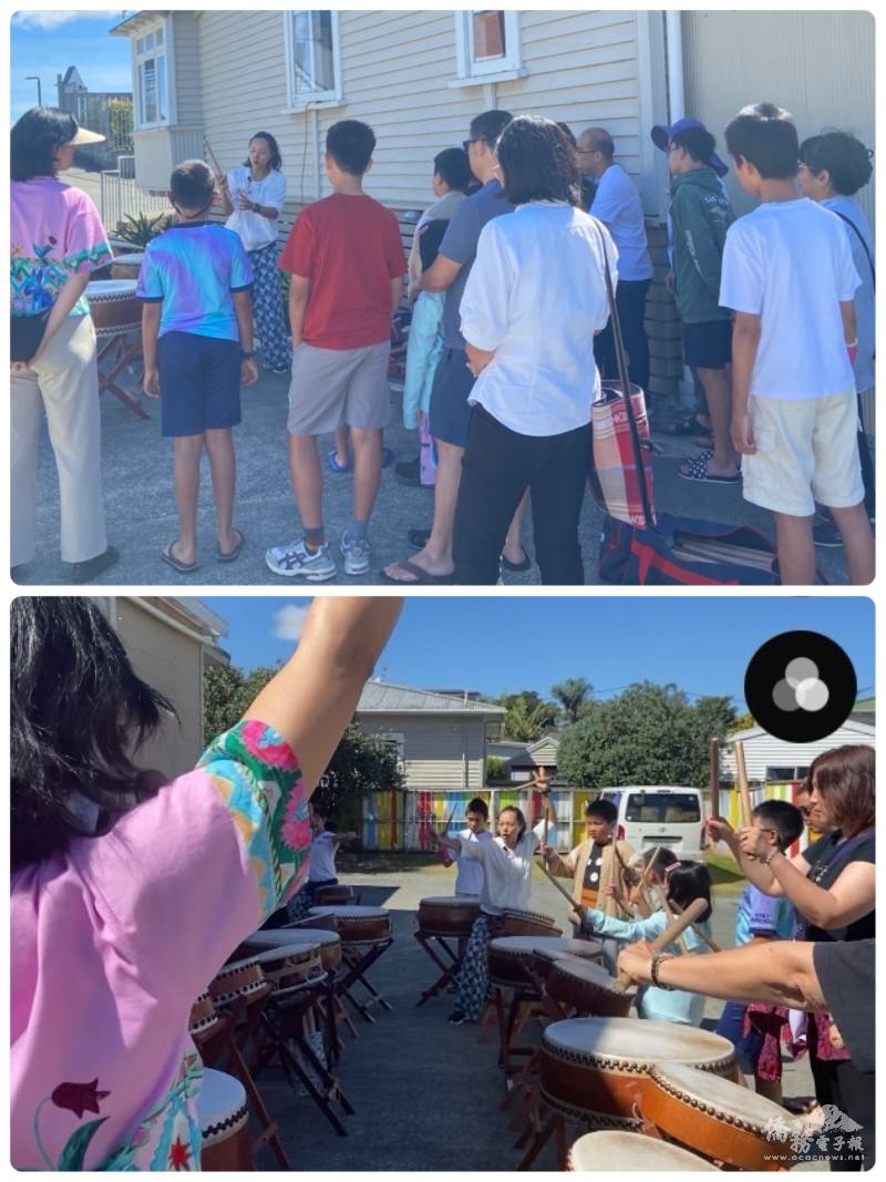 (上圖)老師講解太鼓知識；(下圖)每個人結束時擺出最酷的姿勢