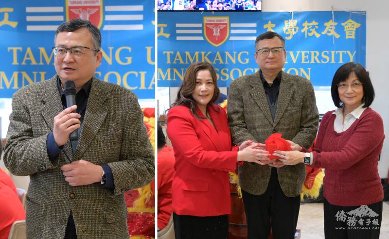 (左圖)駐芝加哥辦事處處長類延峰致詞；(右圖)在類延峰監交下，滿任會長石鴻珍將印信交給新任會長盧秀琴