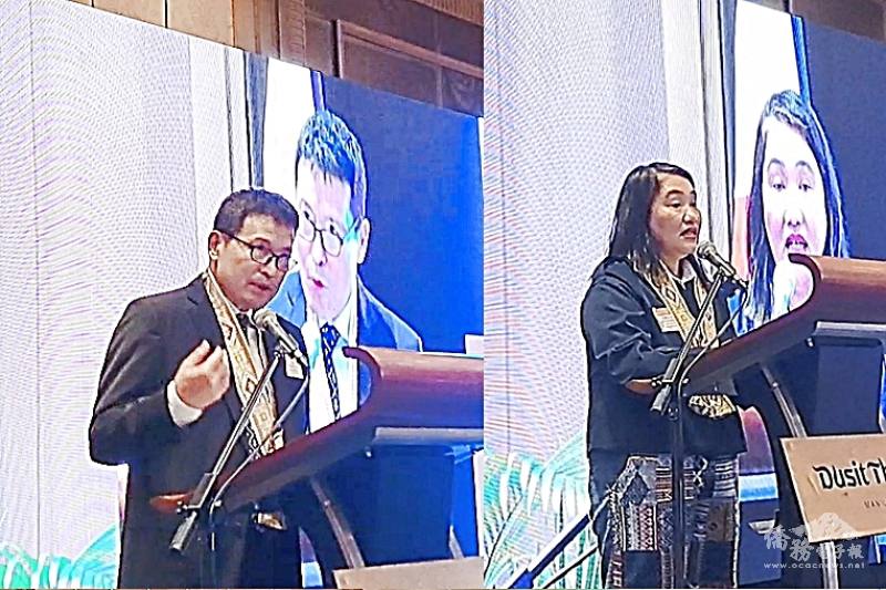 駐菲律賓代表處公使李廷盛(圖左)及馬尼拉經濟文化辦事處主席葛若菲（Cheloy E. Velicaria-Garafil，圖右) 致詞祝賀菲律賓臺灣工商總會歡慶37周年邁向全新里程碑