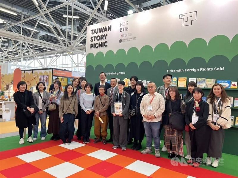 Taiwanese illustrators and intellectual property licensors pose for a photo at the Taiwan Pavillion of the Bologna Children's Book Fair on Monday. CNA photo April 1, 2025