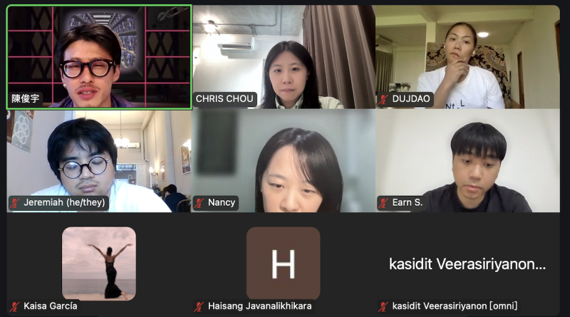 臺灣行為藝術家陳俊宇向線上工作坊參加者介紹自己的作品與創作發想，並分享大眾觀賞作品的回應