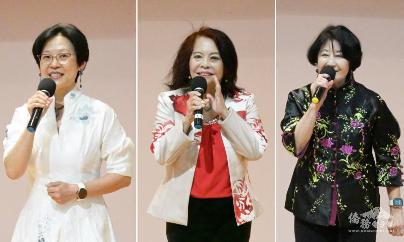 大芝加哥區臺大校友會會長陳美君 (左 )、中華會館主席項邦珍 (中) 及僑務委員徐曙明(右)致詞