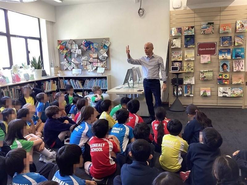 Almost a year after the earthquake, Dimitris Belbas shares his rescue experience at a primary school in Hong Kong in March, 2025. Photo courtesy of Dimitris Belbas