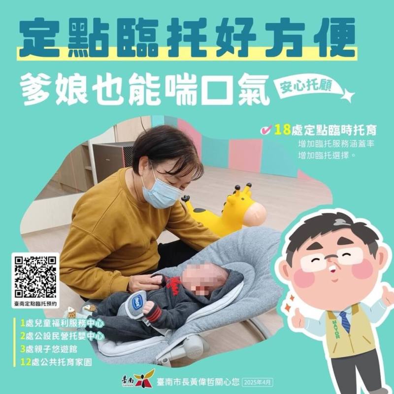 台南市政府提供多元托育選擇，社會局表示，2025年2月安平區永華及新市區南科2處公設民營托嬰中心開始收托，市府並活用公共托育機構場地和親子悠遊館，提供定點臨時托育服務。（台南市政府提供）