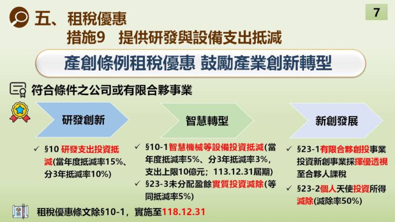 租稅優惠：提供研發與設備支出抵減（財政部提供）