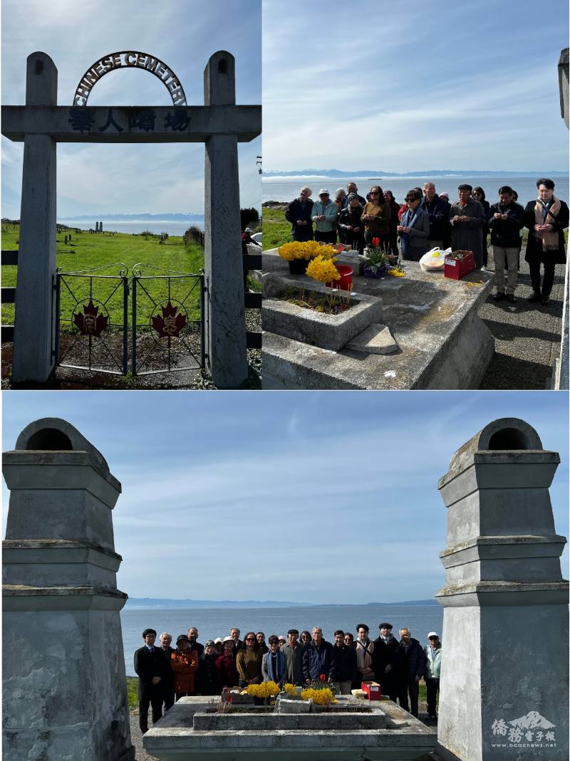 114年度清明域多利華人墳場春祭。左上: 華人墳場入口處；右上駐溫哥華辦事處僑務組組長陳碧蓮帶領與祭人員向先僑上香；下: 陳碧蓮主持祭典莊嚴而隆重