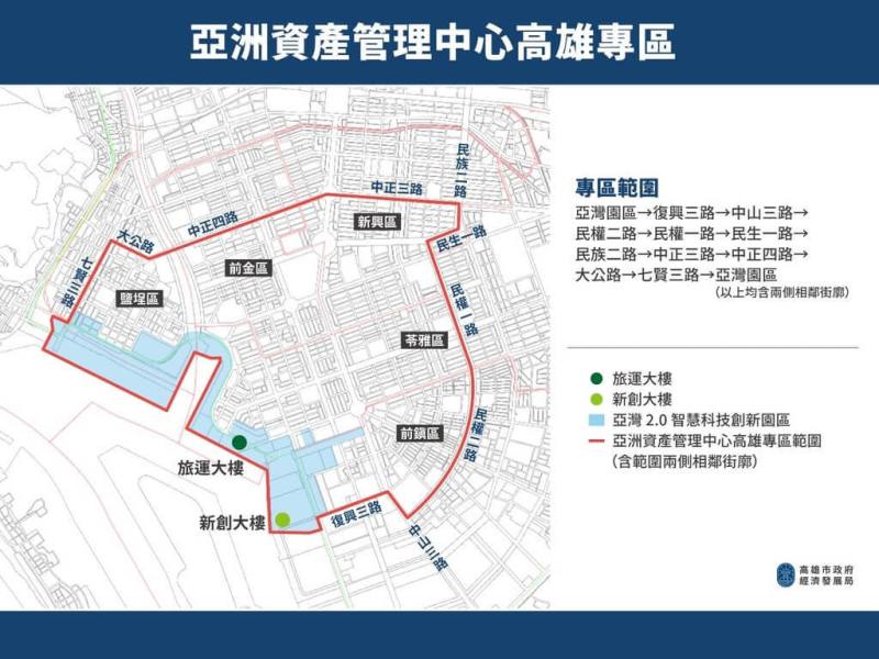 高雄市政府11日公告亞洲資產管理中心高雄專區範圍，範圍從中正路以南、民族與民權路以西、復興三路以北到亞灣區。（高雄市經發局提供）