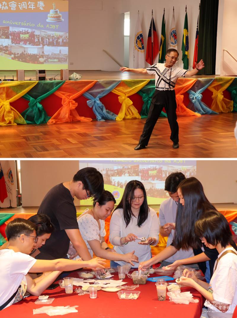 （上）林俊傑老師表演國際舞；（下）會員專注於包餃子活動