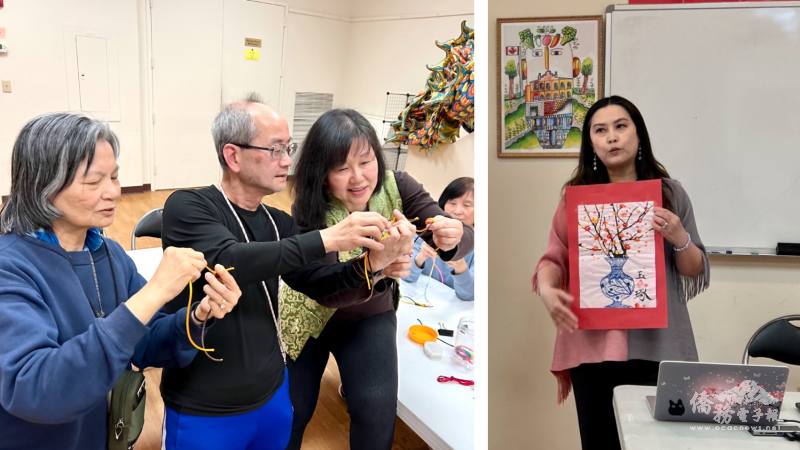 老師王明德指導繩結製作 (左)、老師張君芳分享青花瓷文化課程設計 (右)