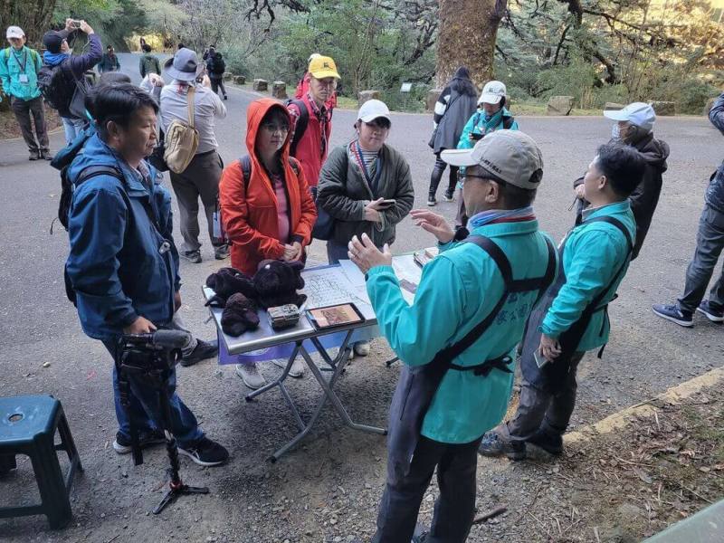 玉山國家公園管理處5月1日至31日公開招募解說志工、保育志工，工作包含動植物調查監測、深入山林巡查路線等。圖為解說志工於大鐵杉步道進行台灣黑熊保育宣傳。（玉山國家公園管理處提供）
