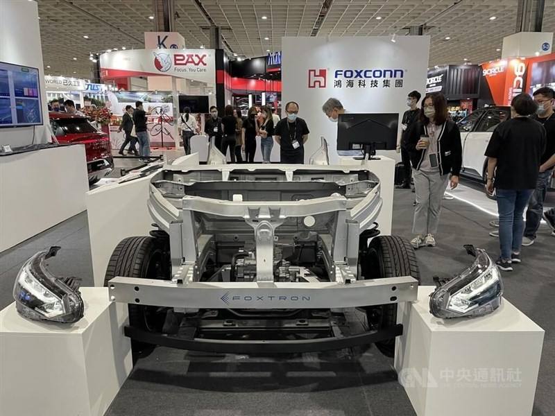 Foxconn displays a deconstructed model of its Foxtron EV sedan in this CNA file photo