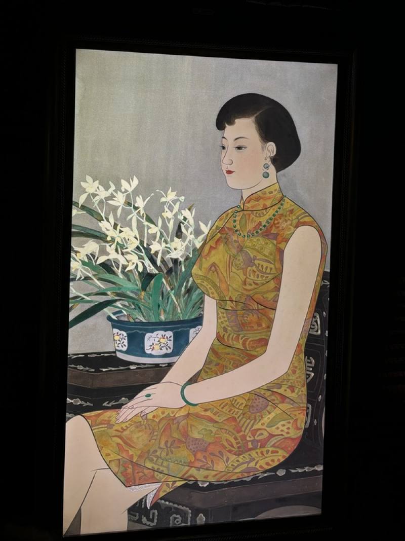 TECH WORLD館AI藝廊呈現陳進、林玉山、郭雪湖「台展三少年」的膠彩畫作品，圖為台灣閨秀畫家代表陳進的膠彩畫「香蘭」