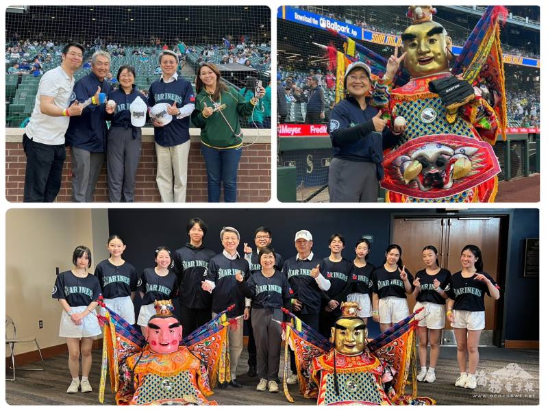 由左上往下分別為臺灣娛樂推廣協會會長陳怡辰、旅美棒球教練戴于程、處長甄國清、臺鋼集團桂田文創WingStar啦啦隊領隊謝汶芳、僑務委員温在興與徐佳青合影(戴于程提供)