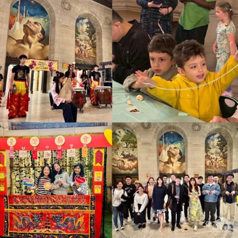 新琵琶鼓陣磅礡開場，捏麵人攤位非常受歡迎；密西根大學同學到場支持推動臺美文化。現場設置臺灣廟會拍照牆，提供Team Taiwan臺灣龍舟的手拿牌，(謝雅玲提供)