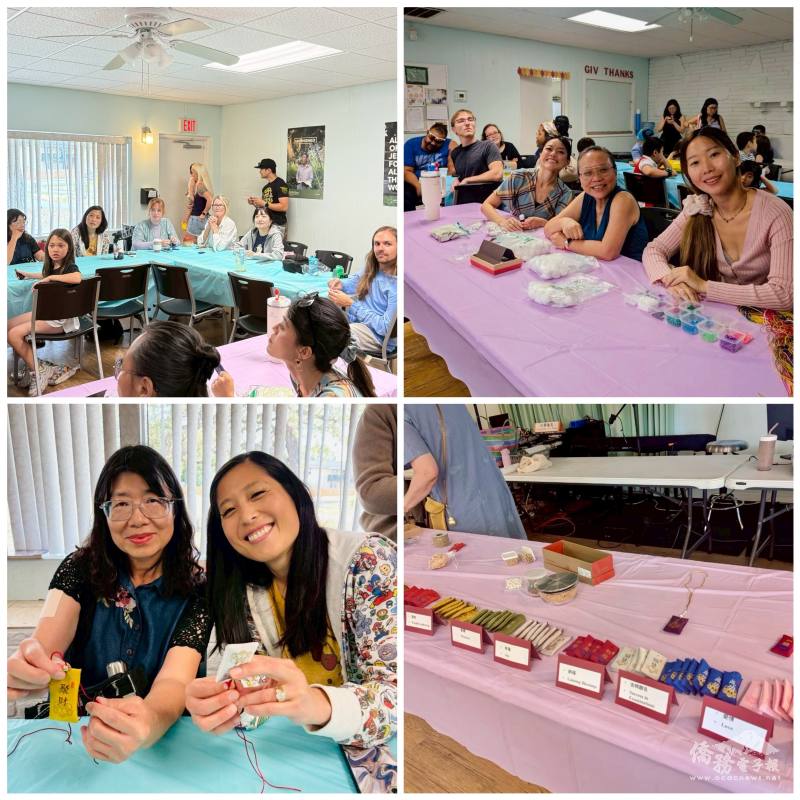 文化課製做刺繡香包御守、串珠、中國結，學生學得不亦樂乎