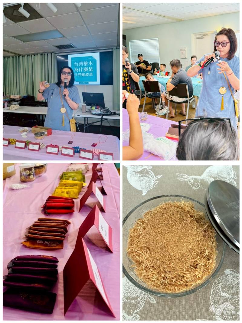 顧問李艷婉講解檜木生態，也從臺灣帶回檜木粉教導學生製作香包