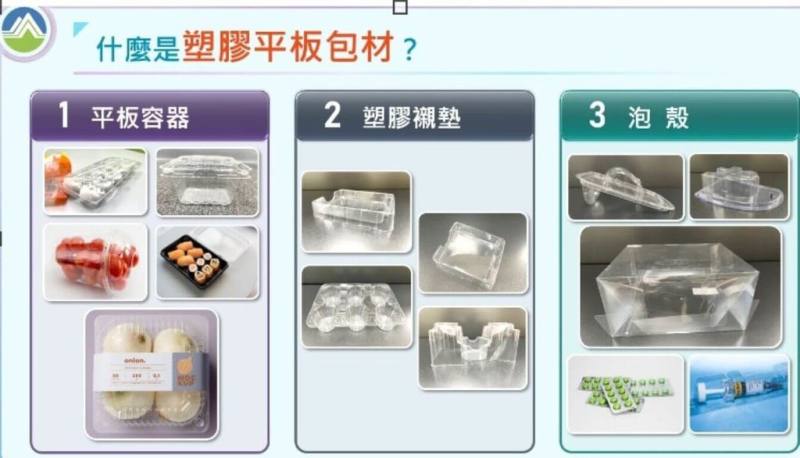 環境部1日表示，自7月起，製造或輸入商品若有使用塑膠襯墊、泡殼等平板包材，業者必須依法申報及繳費，但不會影響物價。圖為塑膠平板包材介紹說明。（環境部提供）