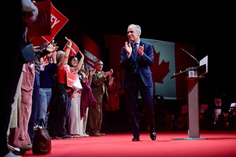 Mark Carney, head of Canada's Liberal Party celebrating the party's winning the federal election. Image courtesy of Reuters