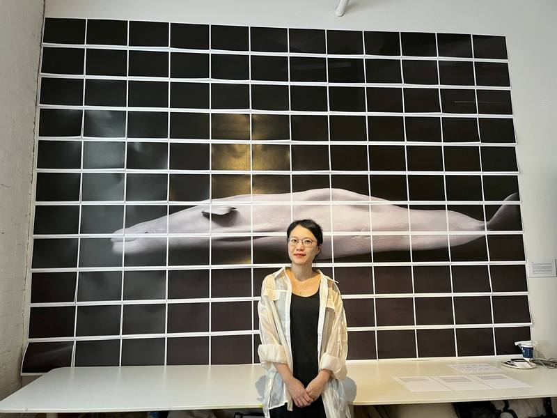台灣藝術家自3月起在紐約展開駐村創作，徐思穎以屏東海洋生物博物館僅存的白鯨「天使」為出發點，探討遷徙、圈養與生態倫理。（駐紐約台北文化中心提供）
