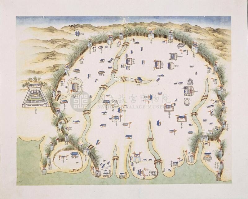 國立故宮博物院院藏「重修台郡各建築圖說」4月經文化部指定為重要古物，其為清代紙本彩繪圖文冊，多採「一圖一說」形式對照呈現。圖為「重修台郡各建築圖說」中的重建台灣郡城圖。（故宮提供）