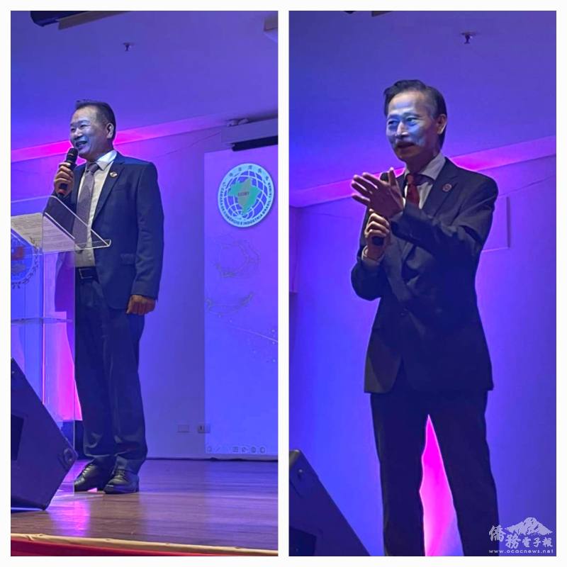 現任會長蔡逢興（左）與新任會長葉倫群（右）致詞