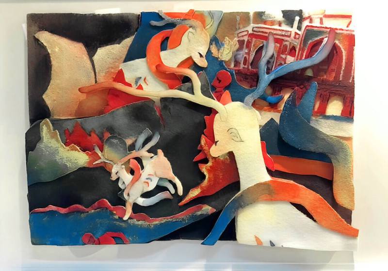 華梵大學舉行全國高中職插畫競賽，苑裡高中學生陳蜜兒作品「奇蹟」，表現敦煌莫高窟壁畫中的九色鹿本生故事，獲得特優獎。（華梵提供）