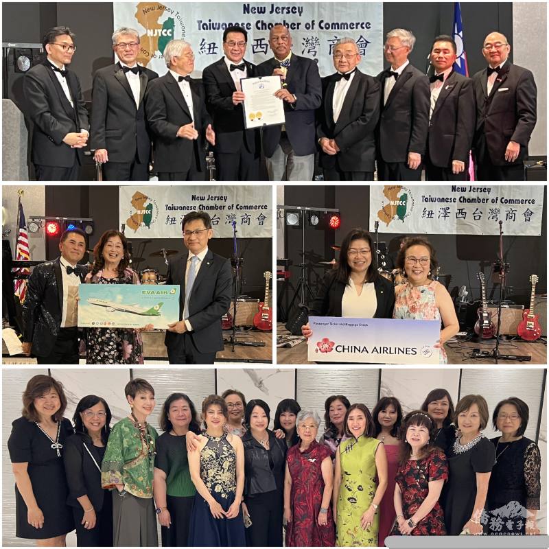 Johnson頒賀狀(上)與摸彩機票得主合影(中)；世華姊妹亦共襄盛舉(下)